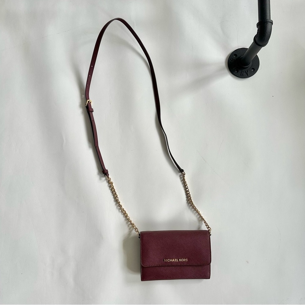 Michael Kors Burgandy Saffiano Leather Wallet Chain Mini Crossbody - Picture 6 of 6